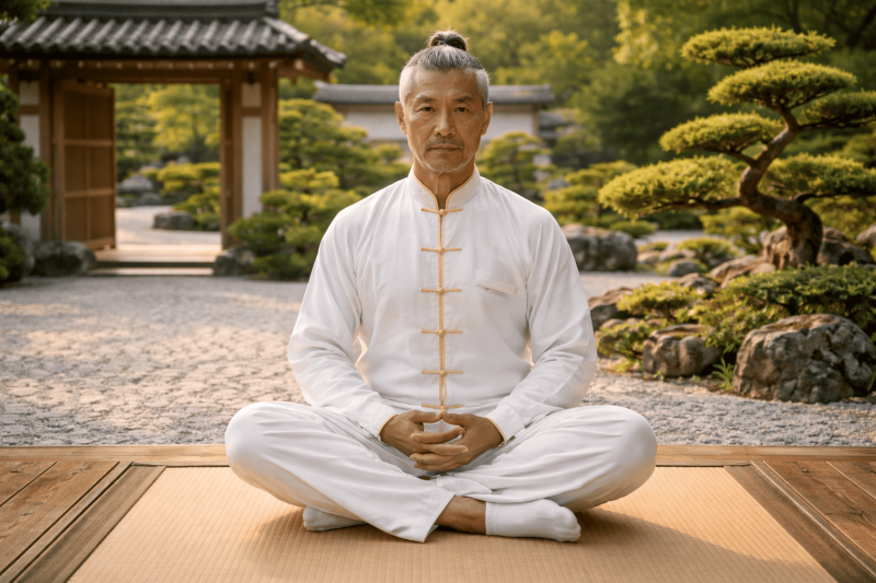 Mestre de Tai Chi em jardim japonês meditando